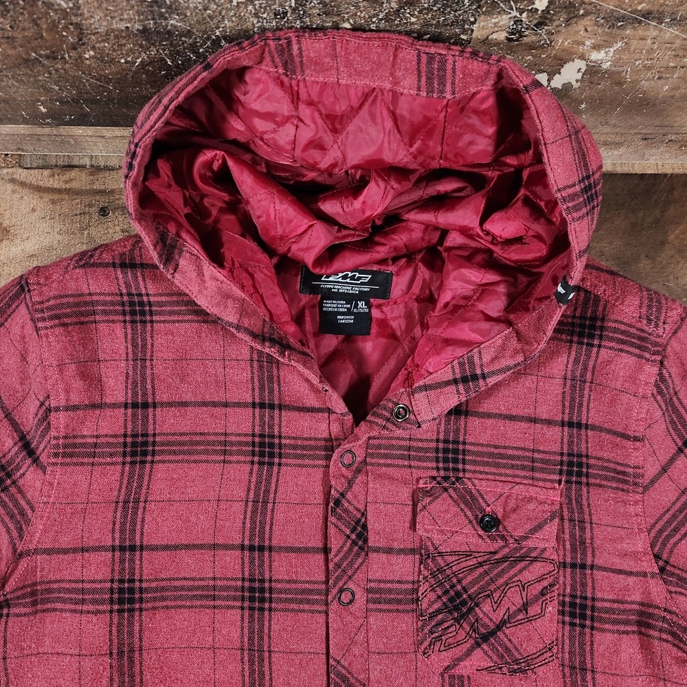 Vintage FMF Racing Jacket Mens XL Red Flannel Plaid Y2K Moto Hooded Coat Quilted - Picture 12 of 16